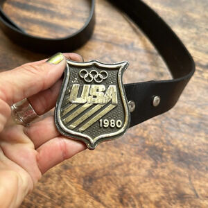 Vintage Solid Brass Belt Buckel 1980 Olympic with Snap-on Leather Belt sz 44